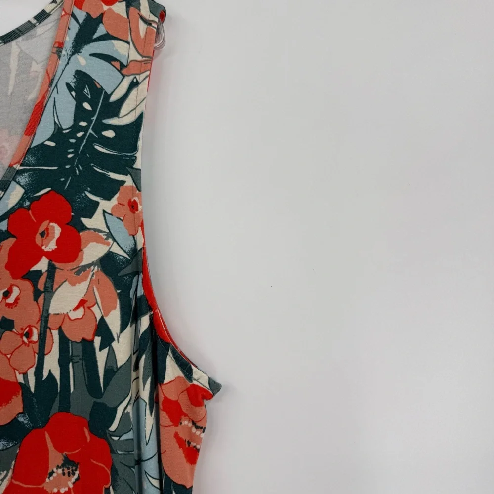 C&C California 2X Midi Maxi Dress Orange Green Tropical Handkerchief Hem Stretch